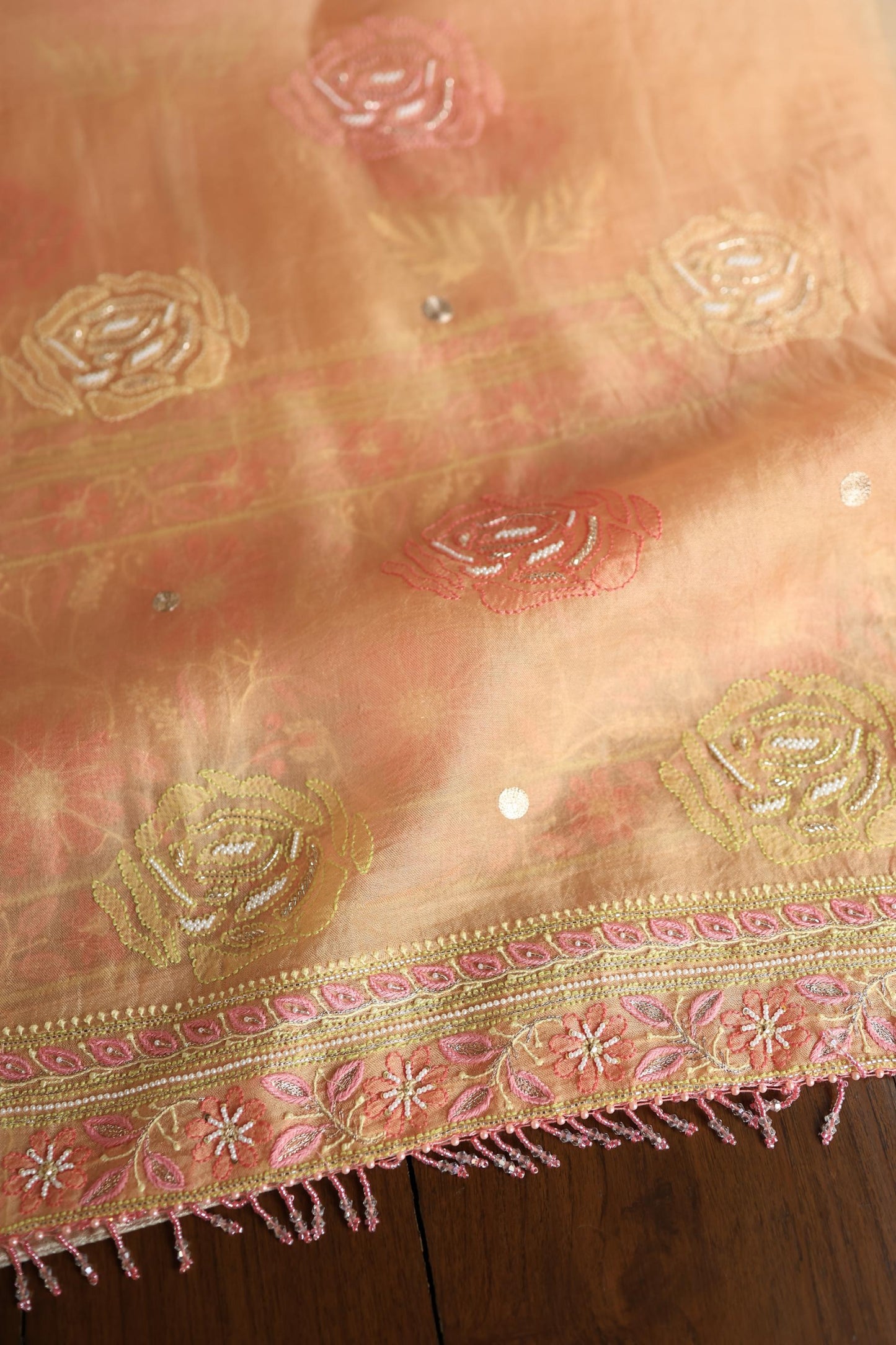 Clay Peach Noor Banarasi Organza Chikankari Unstitched Fabrics