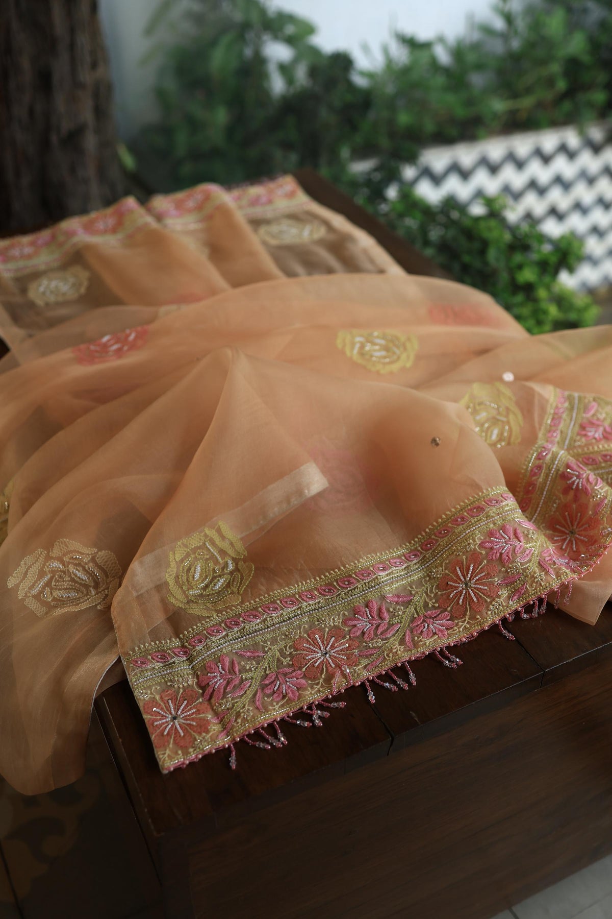Clay Peach Noor Banarasi Organza Chikankari Unstitched Fabrics