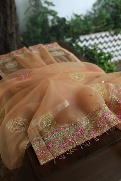 Clay Peach Noor Banarasi Organza Chikankari Unstitched Fabrics