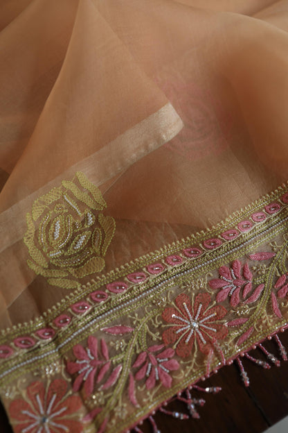 Clay Peach Noor Banarasi Organza Chikankari Unstitched Fabrics