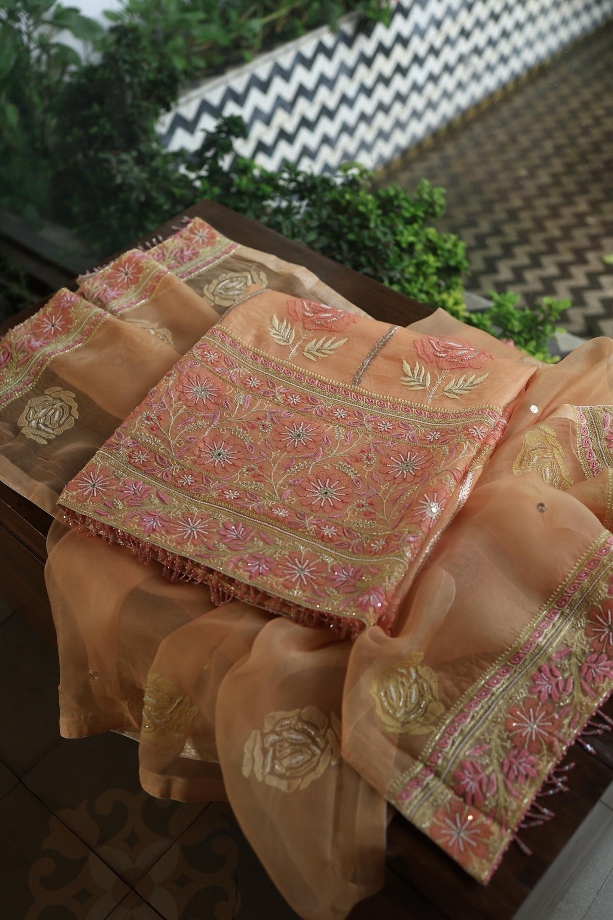 Clay Peach Noor Banarasi Organza Chikankari Unstitched Fabrics
