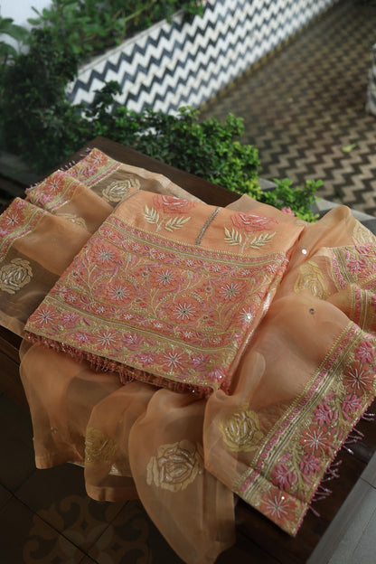 Clay Peach Noor Banarasi Organza Chikankari Unstitched Fabrics