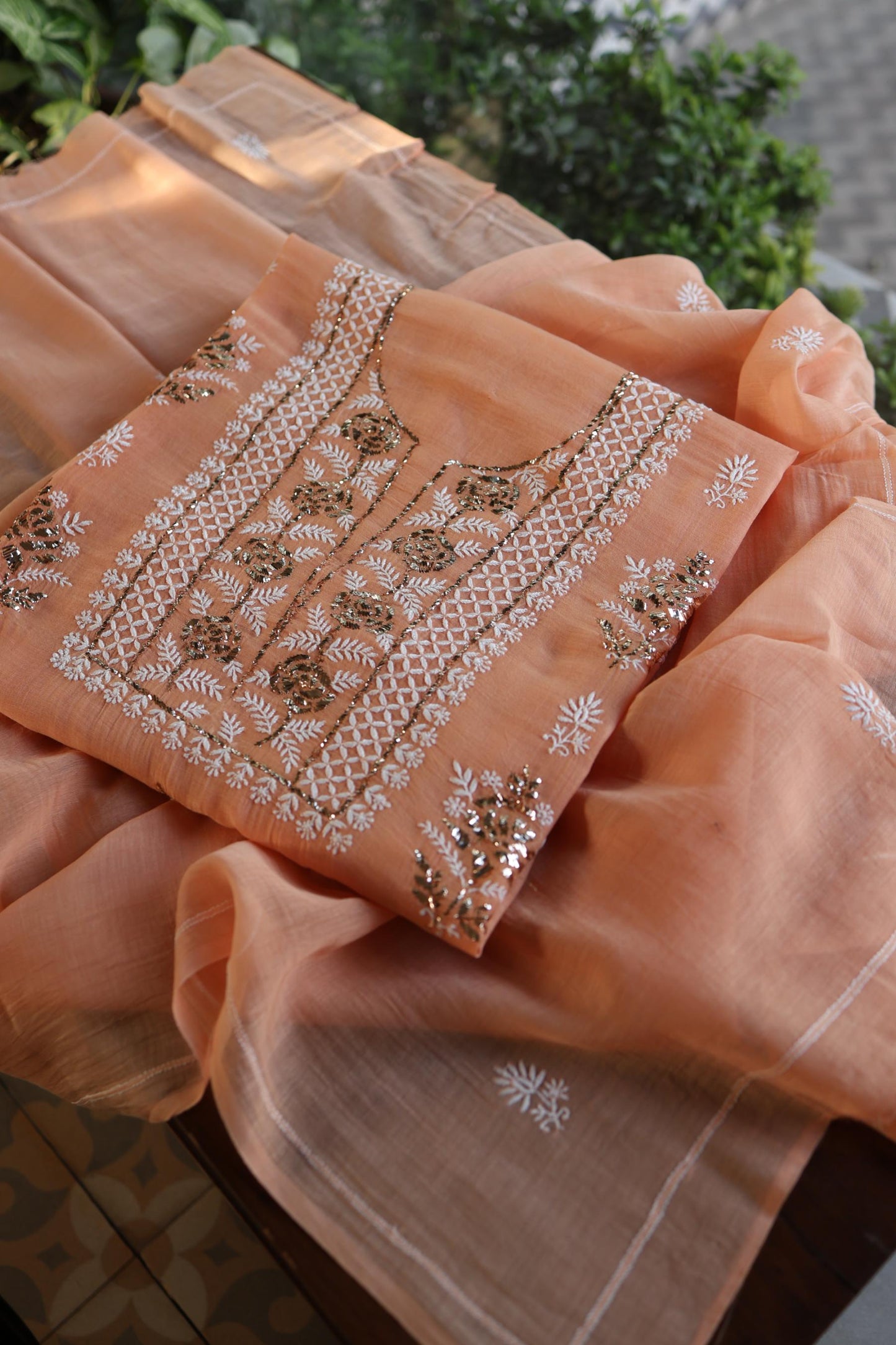 Clay Peach Fine Chikankari With Kamdani Work Unstitched Fabric