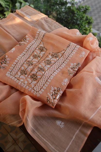 Clay Peach Fine Chikankari With Kamdani Work Unstitched Fabric