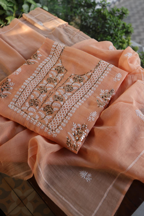 Clay Peach Fine Chikankari With Kamdani Work Unstitched Fabric
