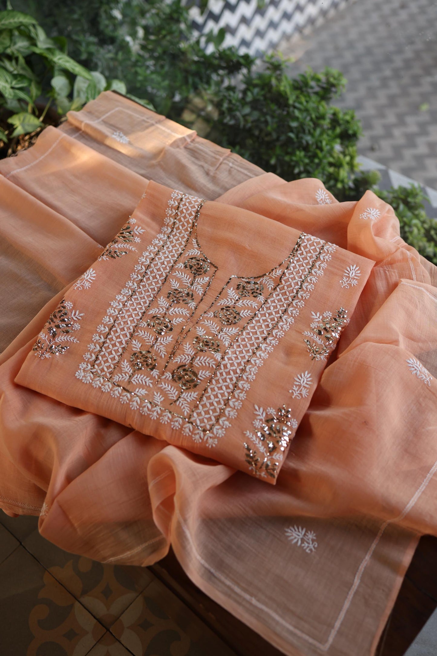 Clay Peach Fine Chikankari With Kamdani Work Unstitched Fabric