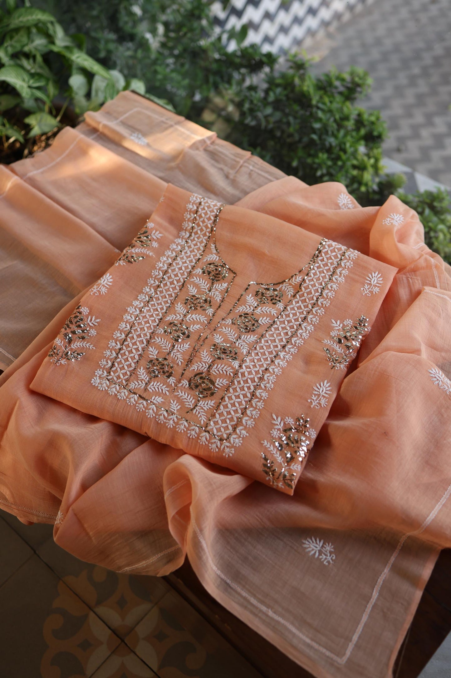 Clay Peach Fine Chikankari With Kamdani Work Unstitched Fabric