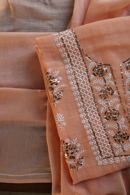 Clay Peach Fine Chikankari With Kamdani Work Unstitched Fabric