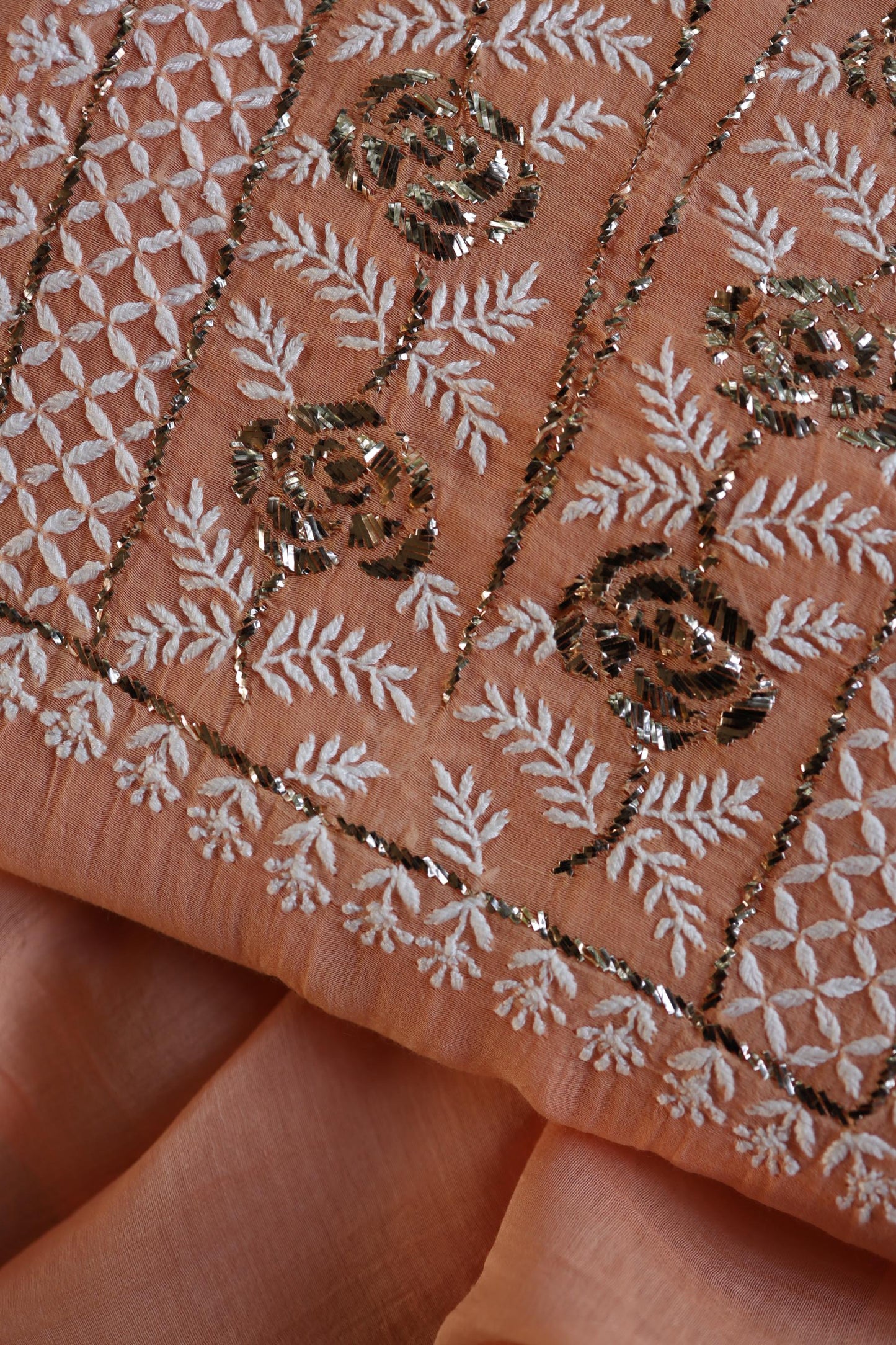 Clay Peach Fine Chikankari With Kamdani Work Unstitched Fabric