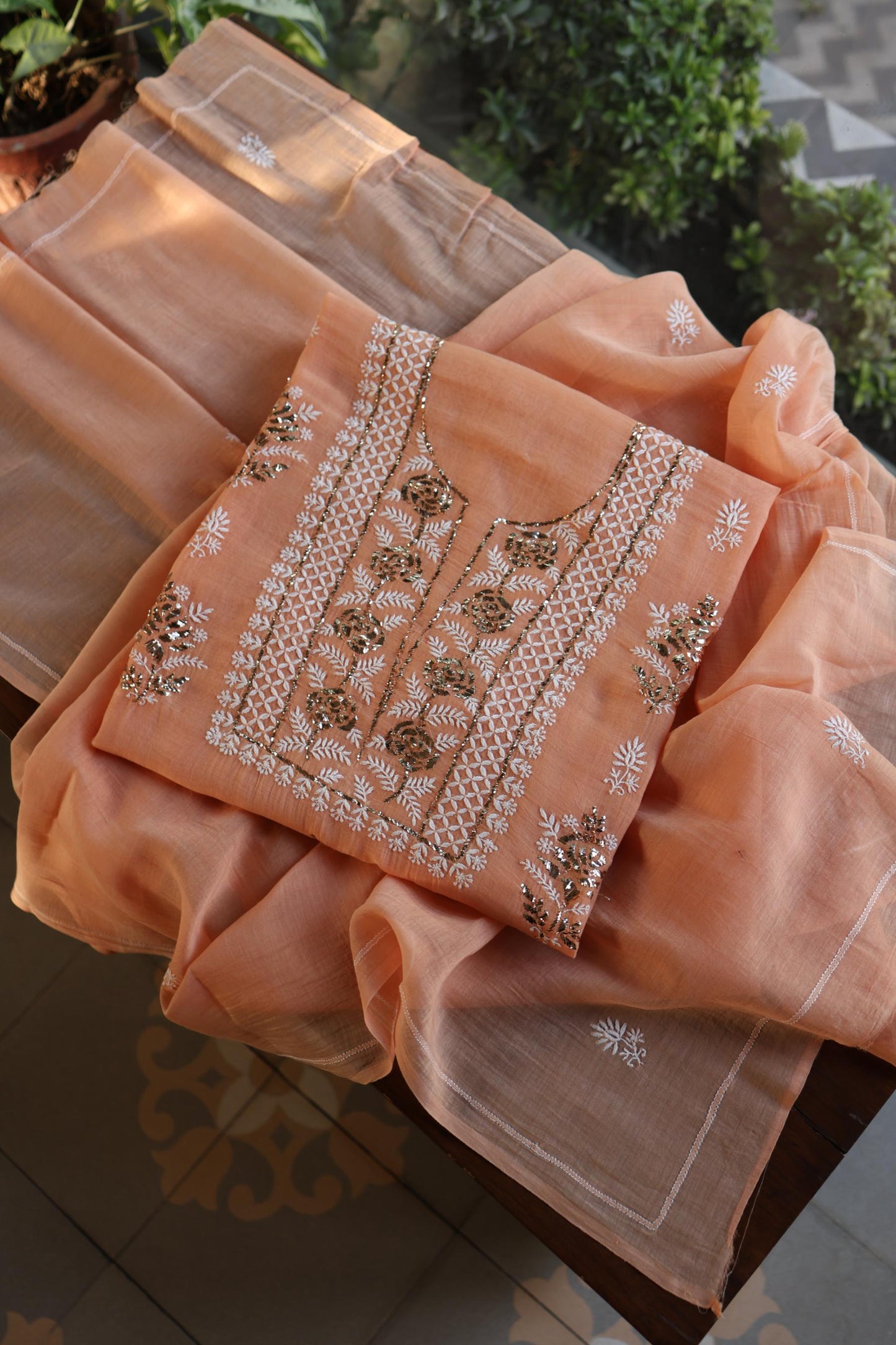 Clay Peach Fine Chikankari With Kamdani Work Unstitched Fabric