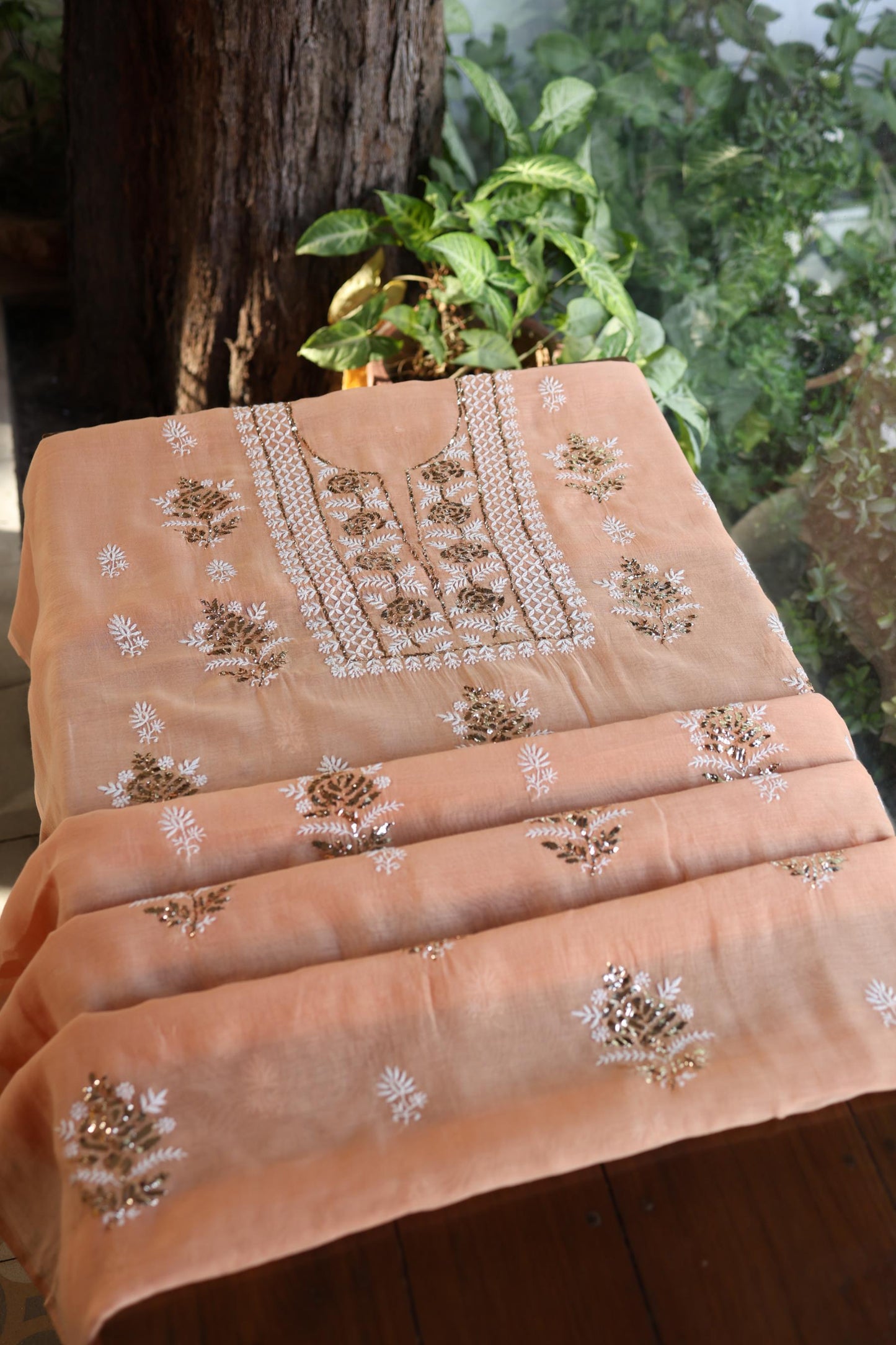 Clay Peach Fine Chikankari With Kamdani Work Unstitched Fabric