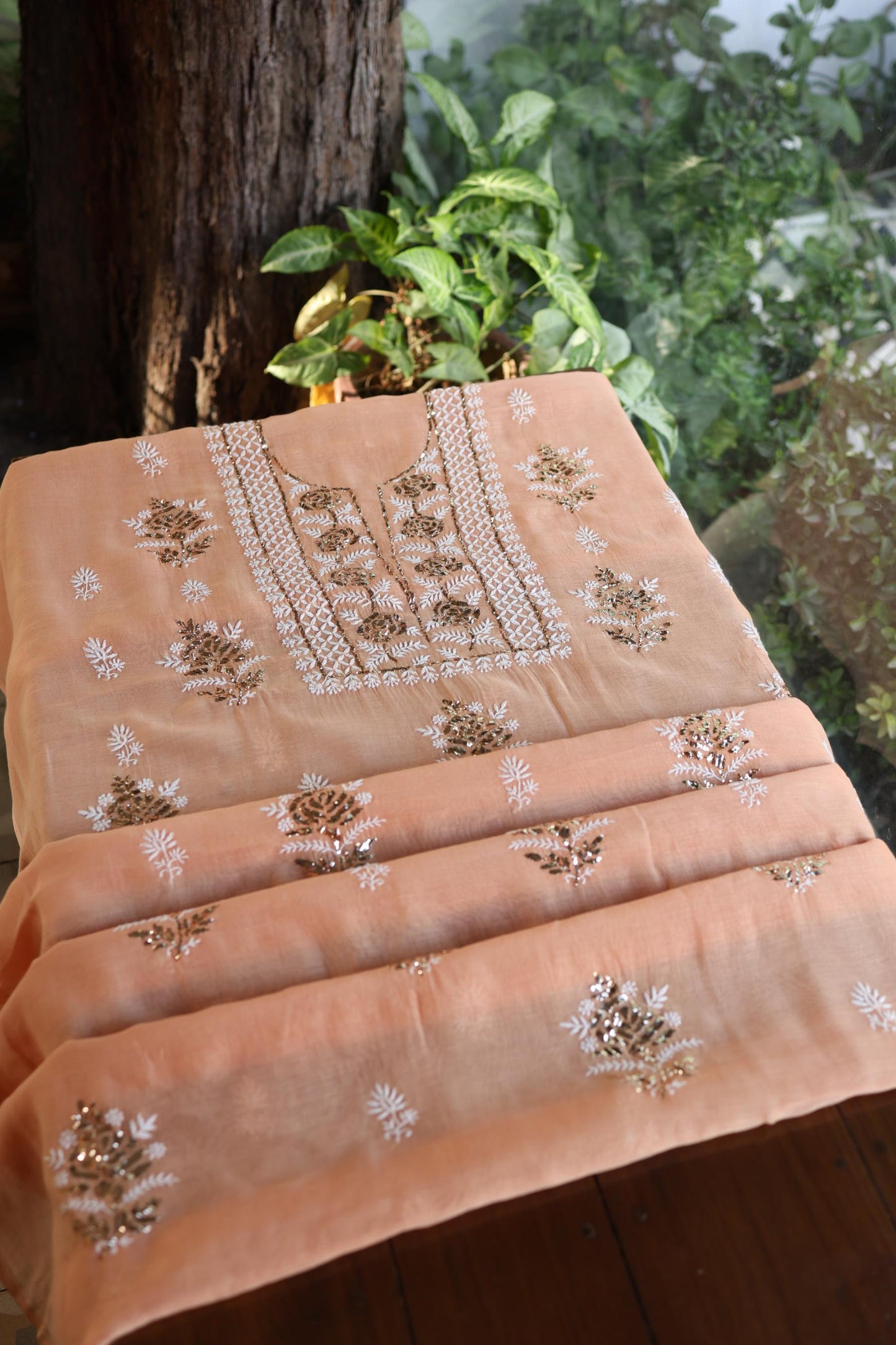 Clay Peach Fine Chikankari With Kamdani Work Unstitched Fabric