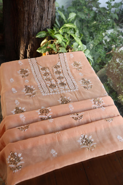 Clay Peach Fine Chikankari With Kamdani Work Unstitched Fabric