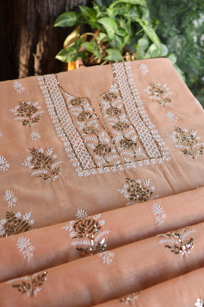 Clay Peach Fine Chikankari With Kamdani Work Unstitched Fabric