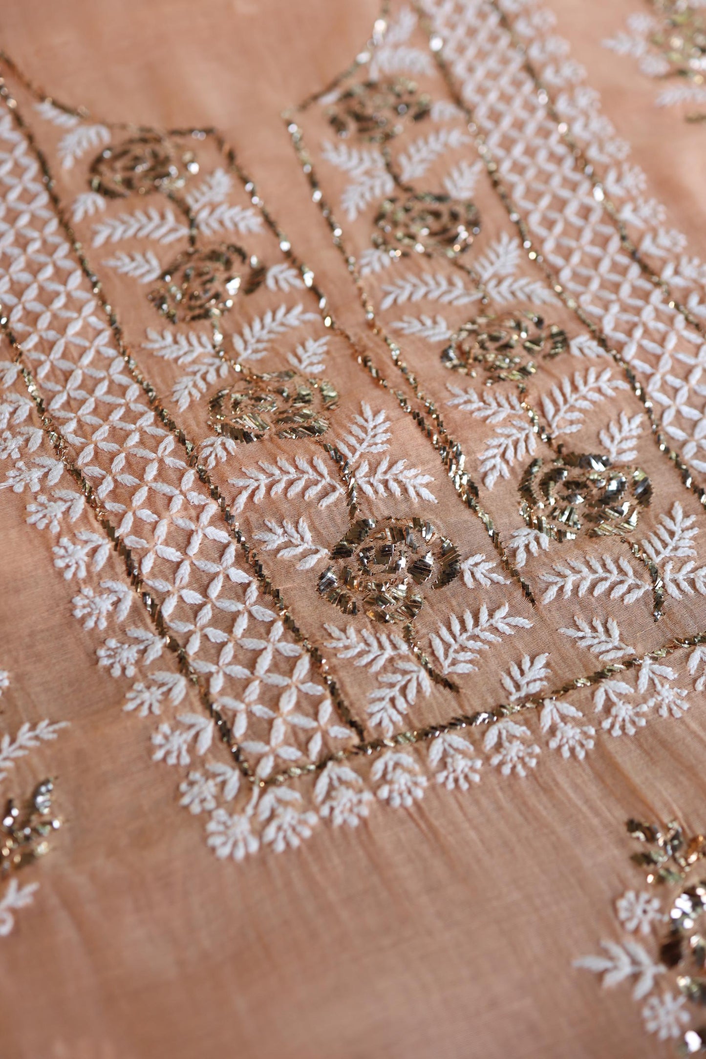 Clay Peach Fine Chikankari With Kamdani Work Unstitched Fabric