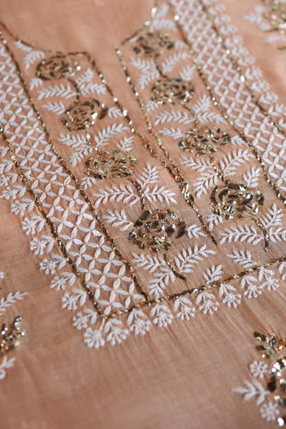 Clay Peach Fine Chikankari With Kamdani Work Unstitched Fabric