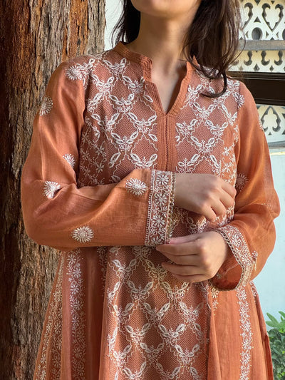 Clay Peach Shade Tissue Silk Chikankari Work Kalidaar Kurta Dupatta Set
