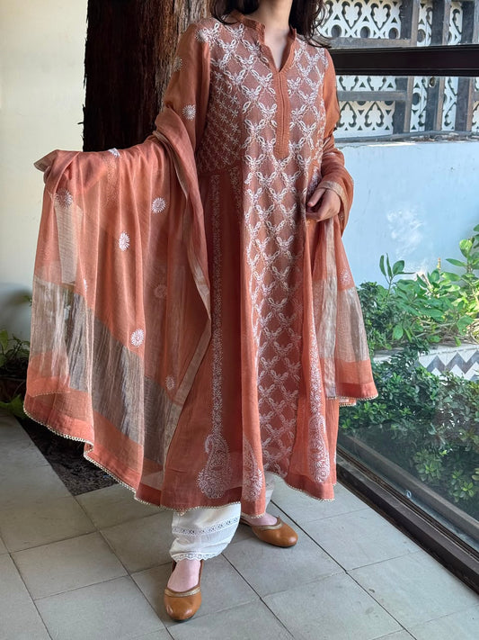 Clay Peach Shade Tissue Silk Chikankari Work Kalidaar Kurta Dupatta Set