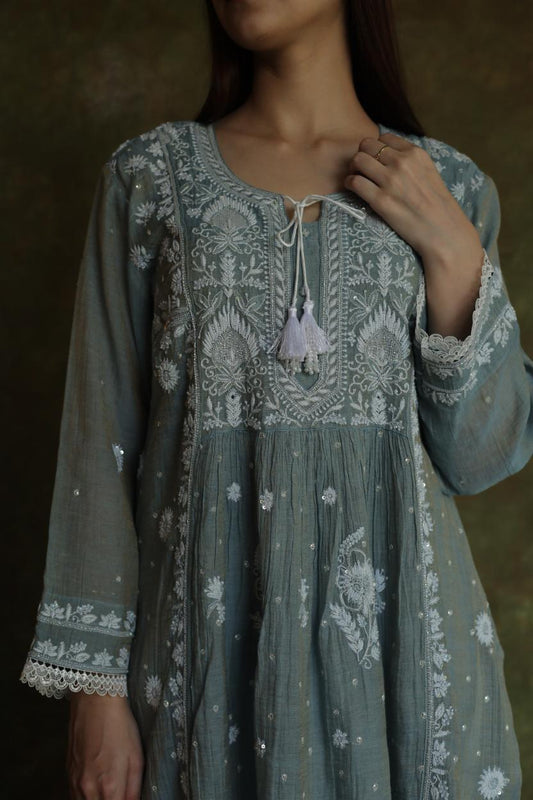 Cloud Grey Tissue Silk Chikankari Angarkha With Ari & Beads Work