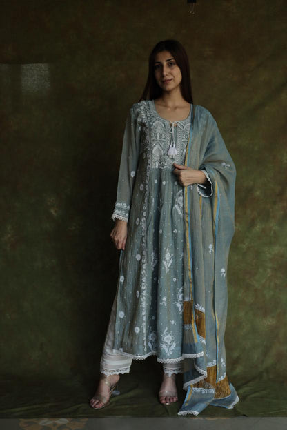Cloud Grey Tissue Silk Chikankari Angarkha With Ari & Beads Work