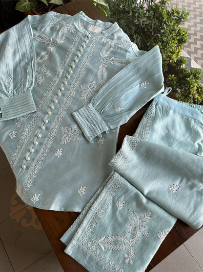 Cloudy Blue Chanderi Chikankari Co-Ord Set