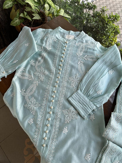 Cloudy Blue Chanderi Chikankari Co-Ord Set