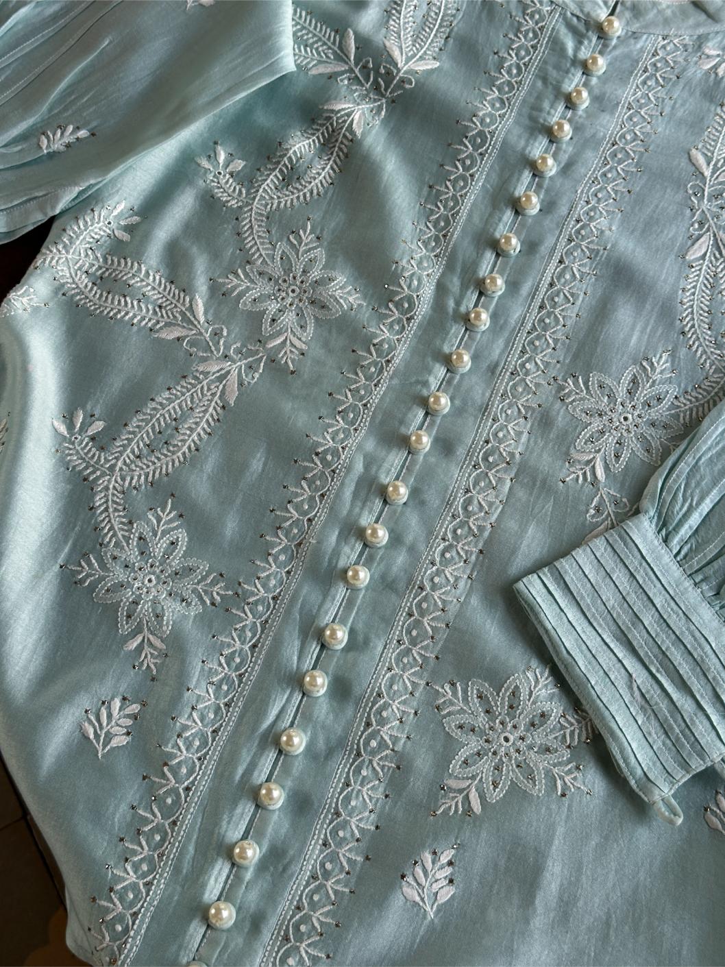 Cloudy Blue Chanderi Chikankari Co-Ord Set
