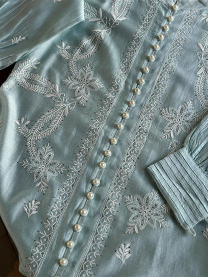 Cloudy Blue Chanderi Chikankari Co-Ord Set