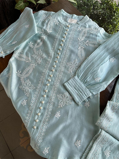 Cloudy Blue Chanderi Chikankari Co-Ord Set