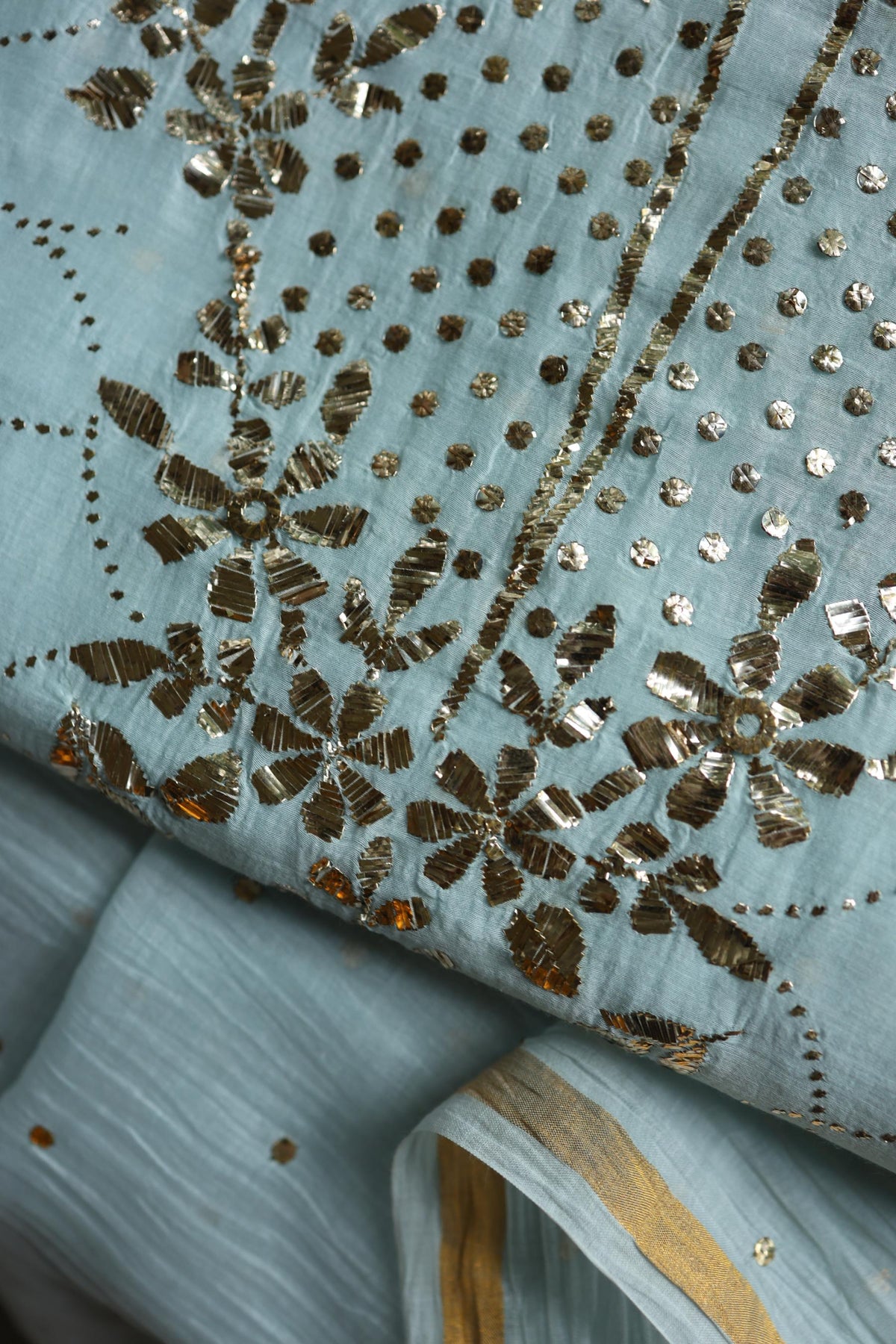 Cloudy Blue Chanderi Silk Mukaish Badla Unstitched Fabric