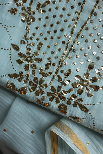 Cloudy Blue Chanderi Silk Mukaish Badla Unstitched Fabric