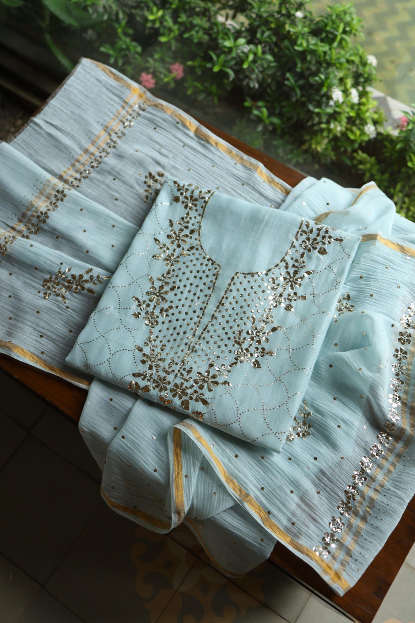 Cloudy Blue Chanderi Silk Mukaish Badla Unstitched Fabric