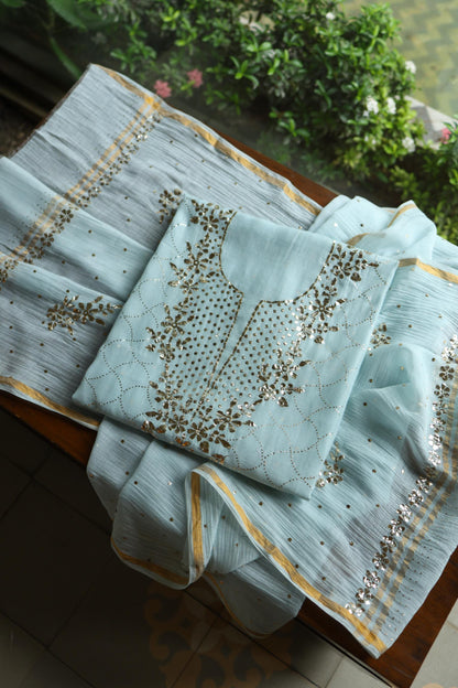 Cloudy Blue Chanderi Silk Mukaish Badla Unstitched Fabric