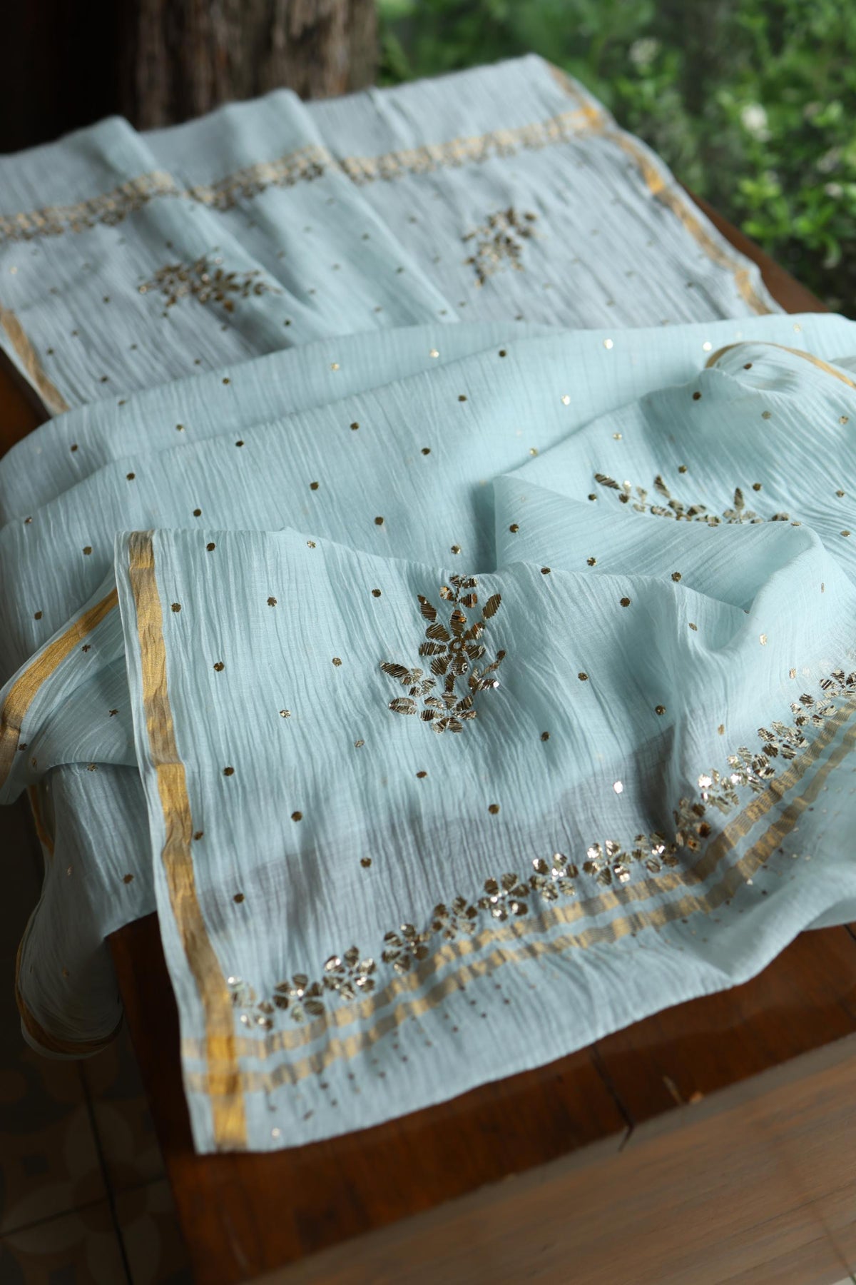 Cloudy Blue Chanderi Silk Mukaish Badla Unstitched Fabric
