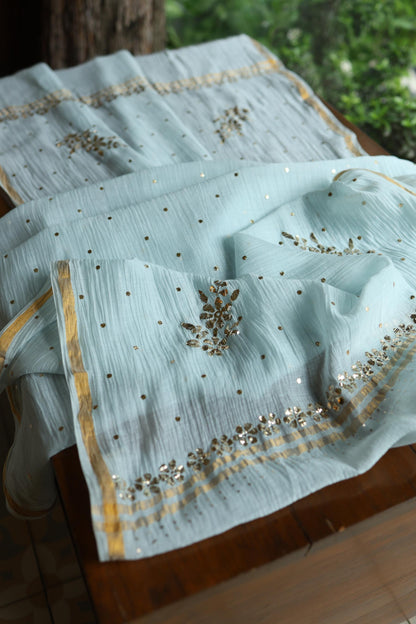 Cloudy Blue Chanderi Silk Mukaish Badla Unstitched Fabric