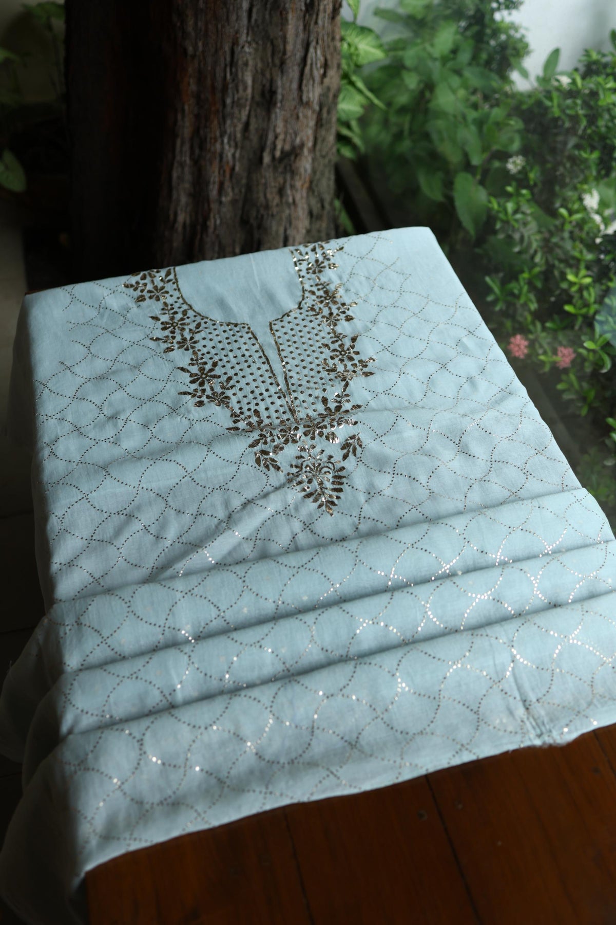 Cloudy Blue Chanderi Silk Mukaish Badla Unstitched Fabric