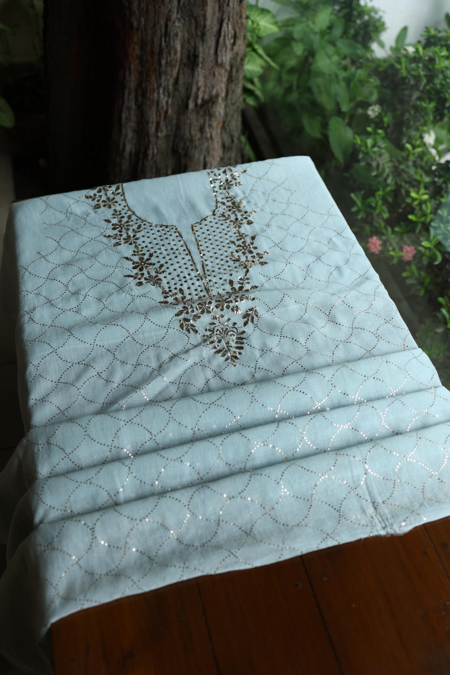 Cloudy Blue Chanderi Silk Mukaish Badla Unstitched Fabric