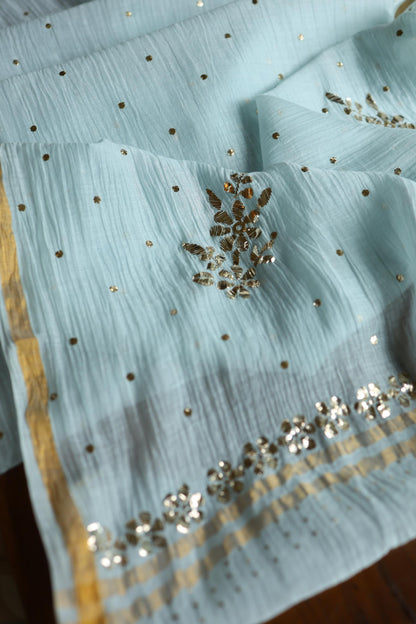 Cloudy Blue Chanderi Silk Mukaish Badla Unstitched Fabric