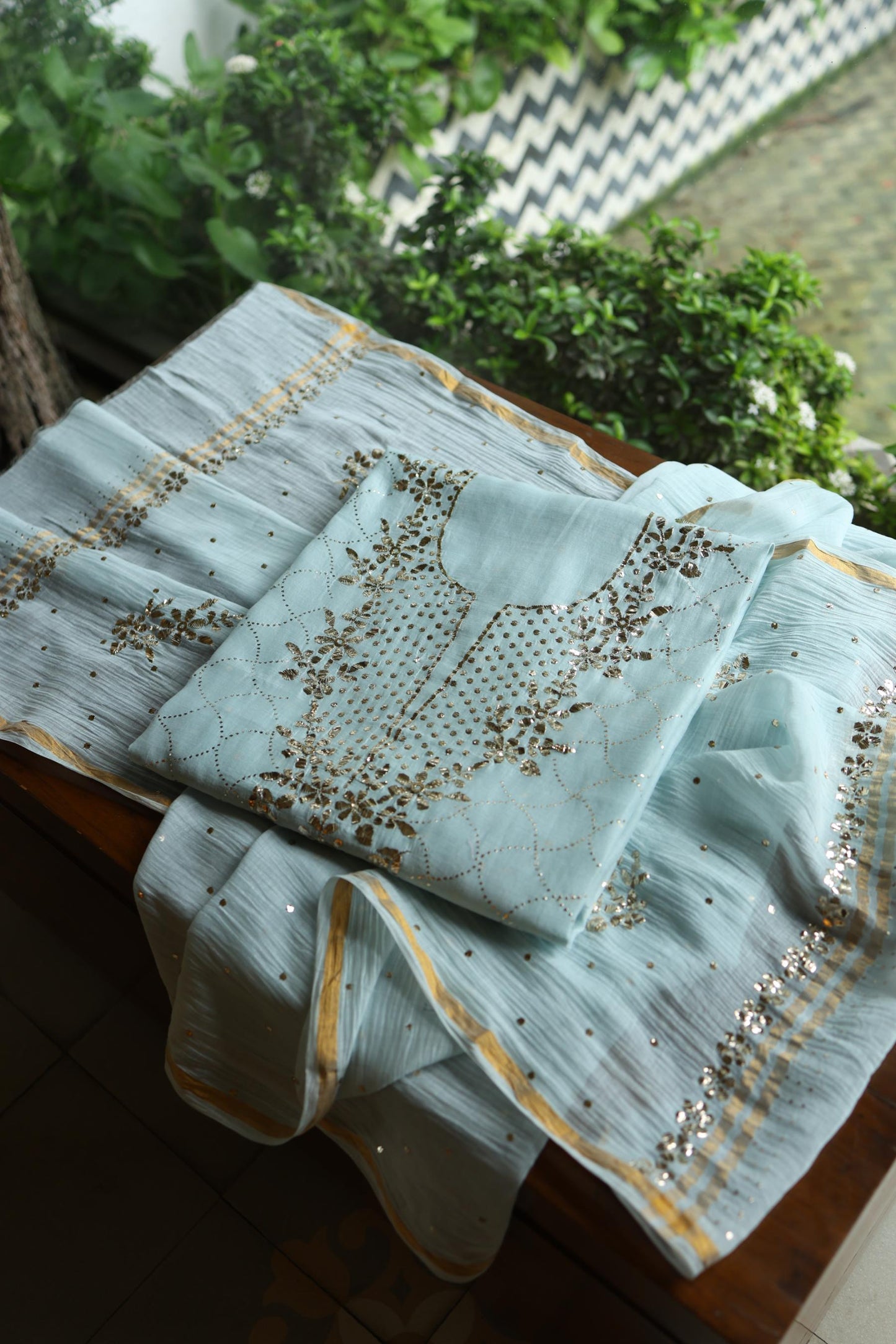 Cloudy Blue Chanderi Silk Mukaish Badla Unstitched Fabric