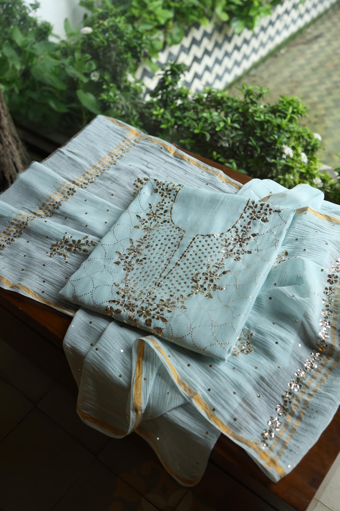 Cloudy Blue Chanderi Silk Mukaish Badla Unstitched Fabric