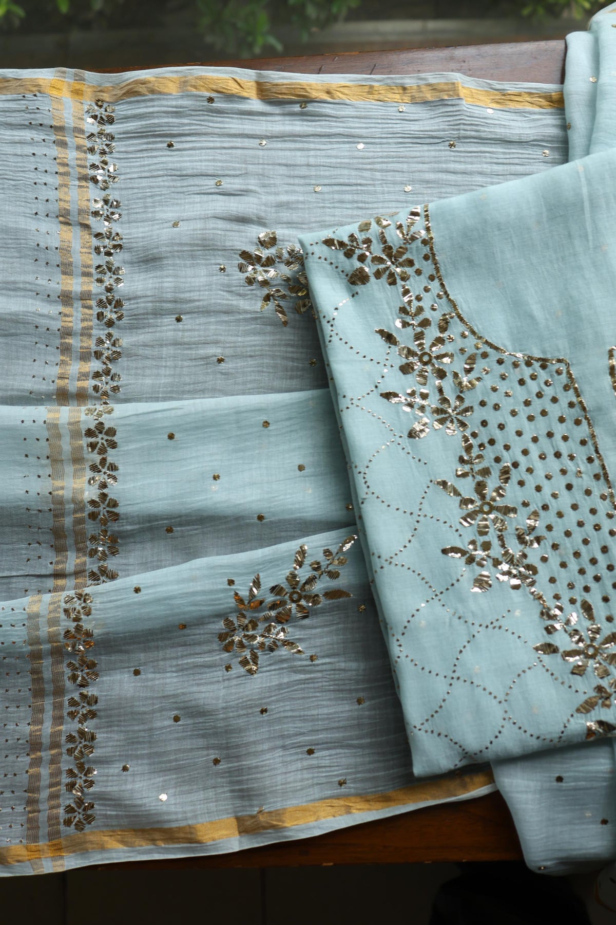 Cloudy Blue Chanderi Silk Mukaish Badla Unstitched Fabric