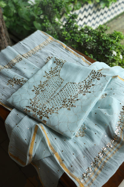Cloudy Blue Chanderi Silk Mukaish Badla Unstitched Fabric