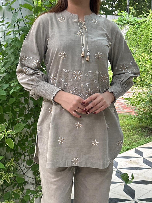 Cloudy Grey Malkha Cotton Chikankari Co-ord Set