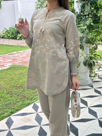 Cloudy Grey Malkha Cotton Chikankari Co-ord Set