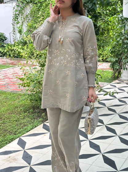 Cloudy Grey Malkha Cotton Chikankari Co-ord Set