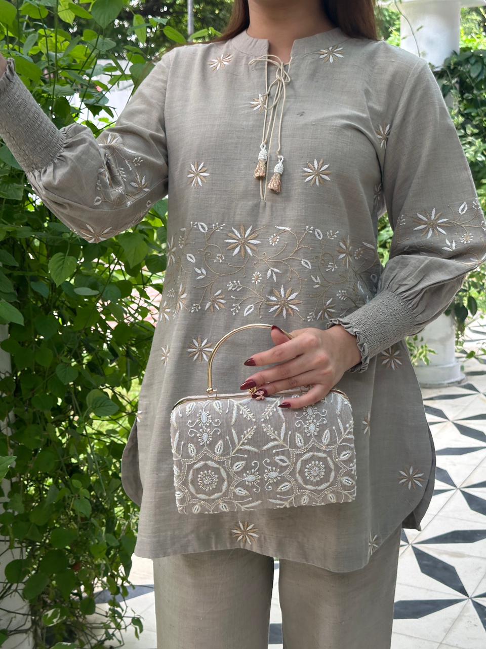 Cloudy Grey Malkha Cotton Chikankari Co-ord Set