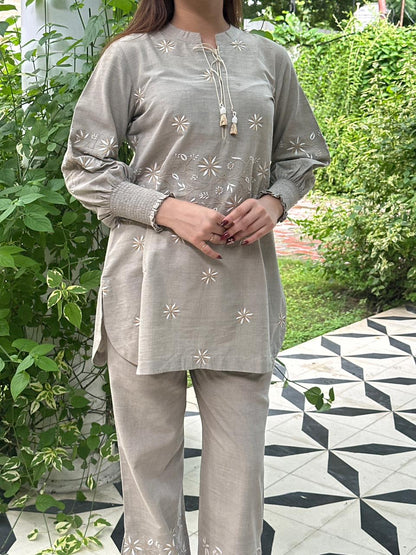 Cloudy Grey Malkha Cotton Chikankari Co-ord Set
