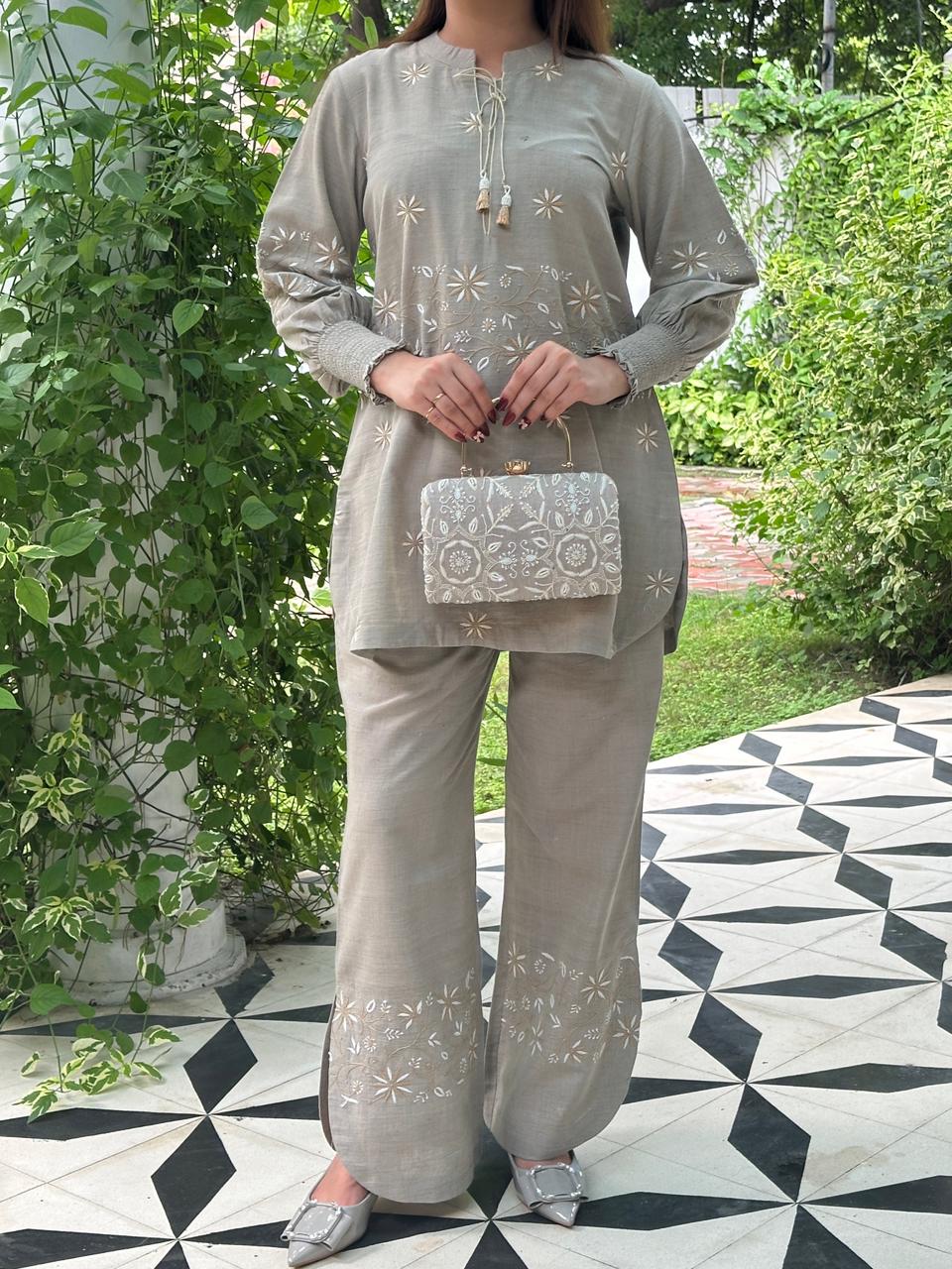 Cloudy Grey Malkha Cotton Chikankari Co-ord Set