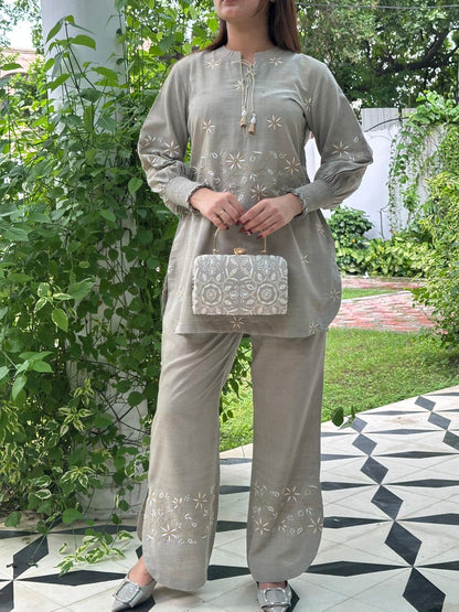 Cloudy Grey Malkha Cotton Chikankari Co-ord Set