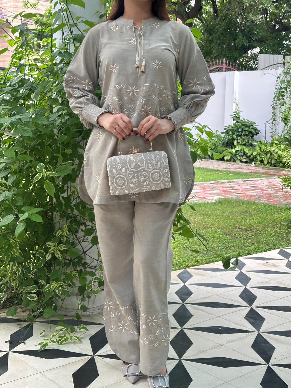 Cloudy Grey Malkha Cotton Chikankari Co-ord Set